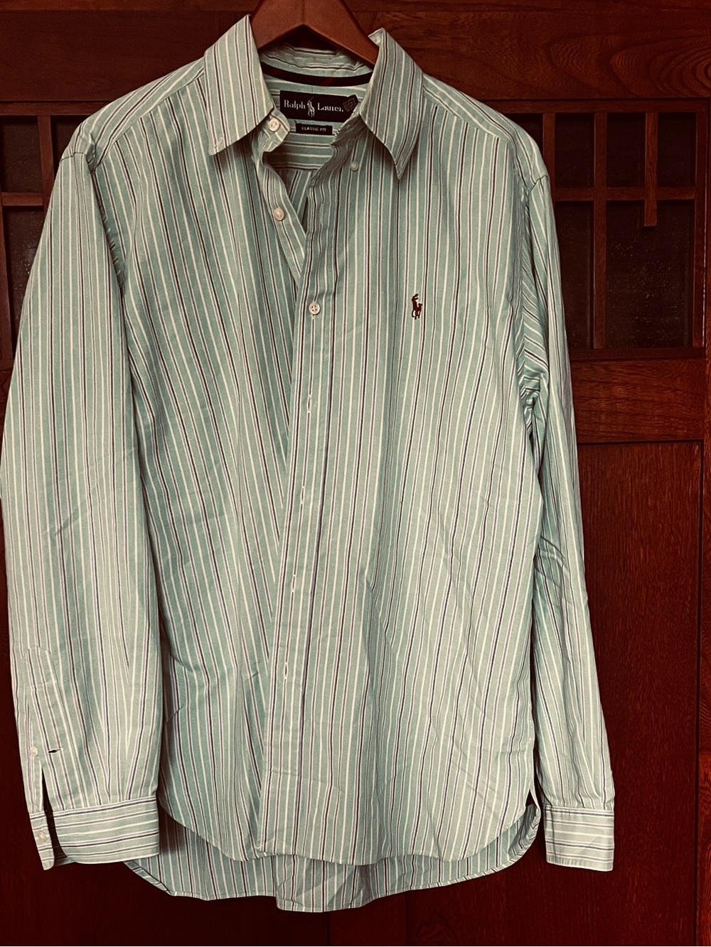 Ralph Lauren Light Green & White Striped Oxford Cloth Dress Shirt—Large